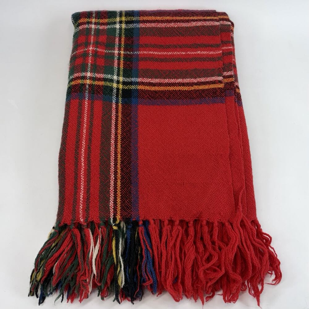 VTG Churchill Weavers Wool Red Plaid Fringe Throw Blanket 48x60” RARE Label